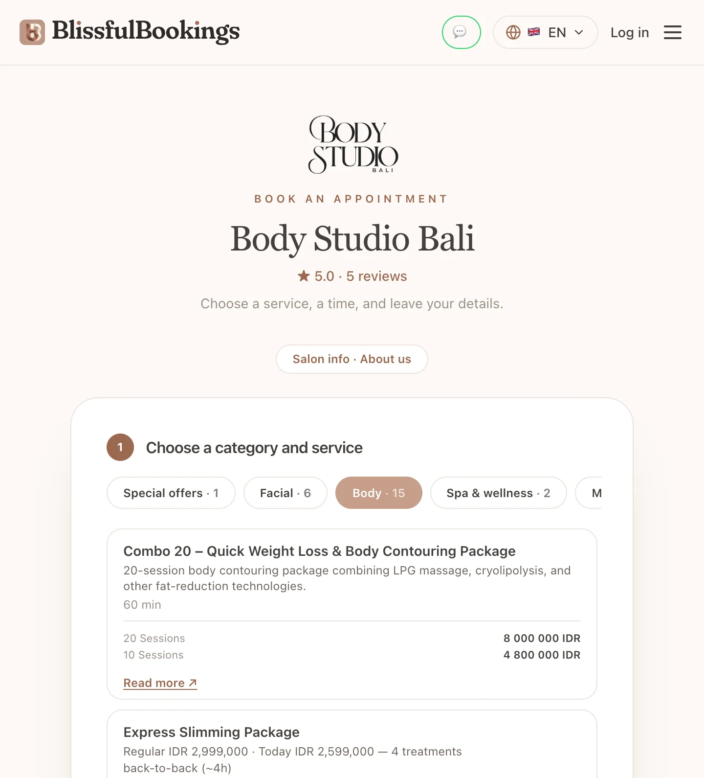 Body Studio Bali booking page with the salon's own logo and services
