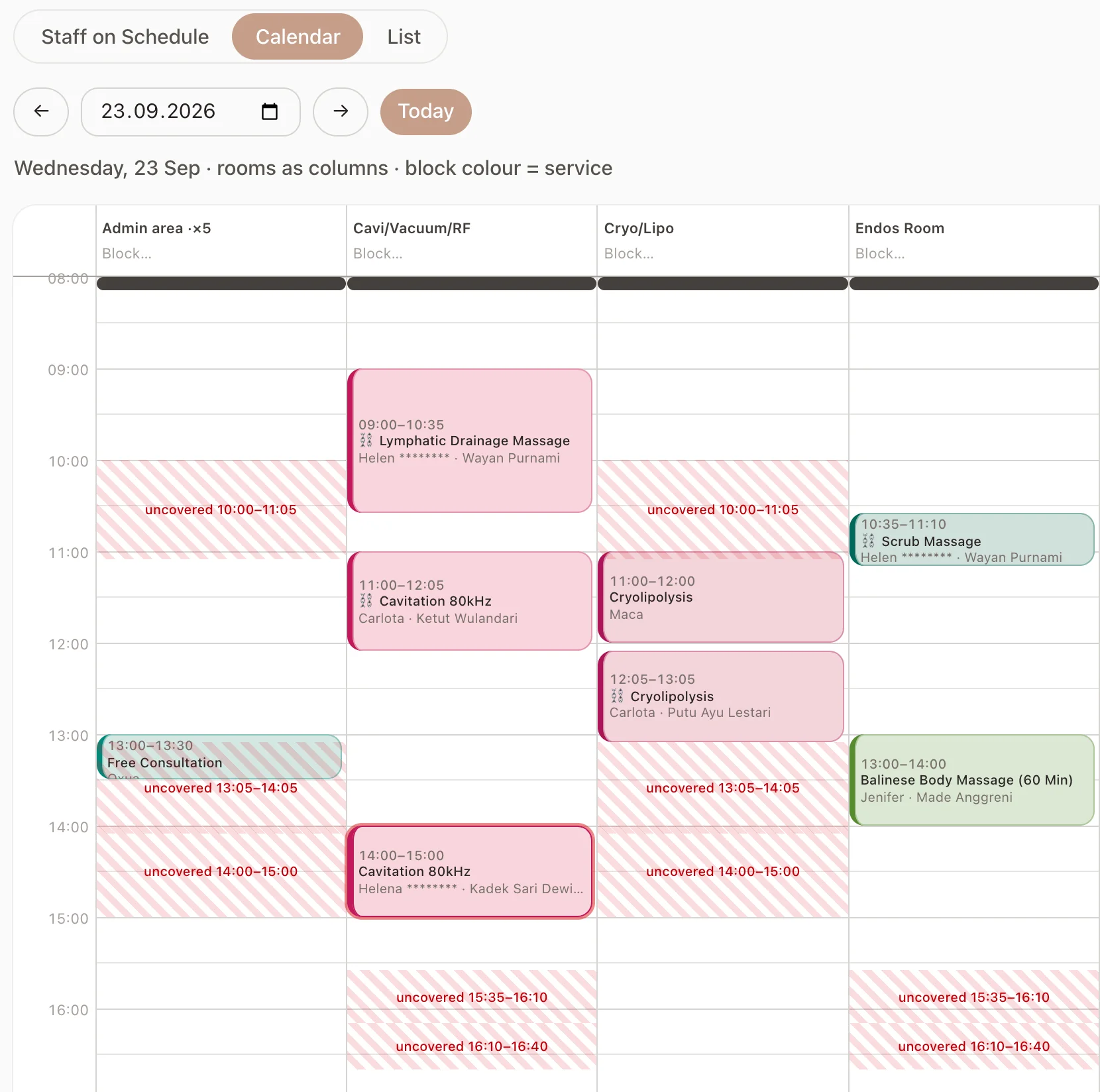 Portal day calendar: rooms as columns, each service in its own color, uncovered times striped in red