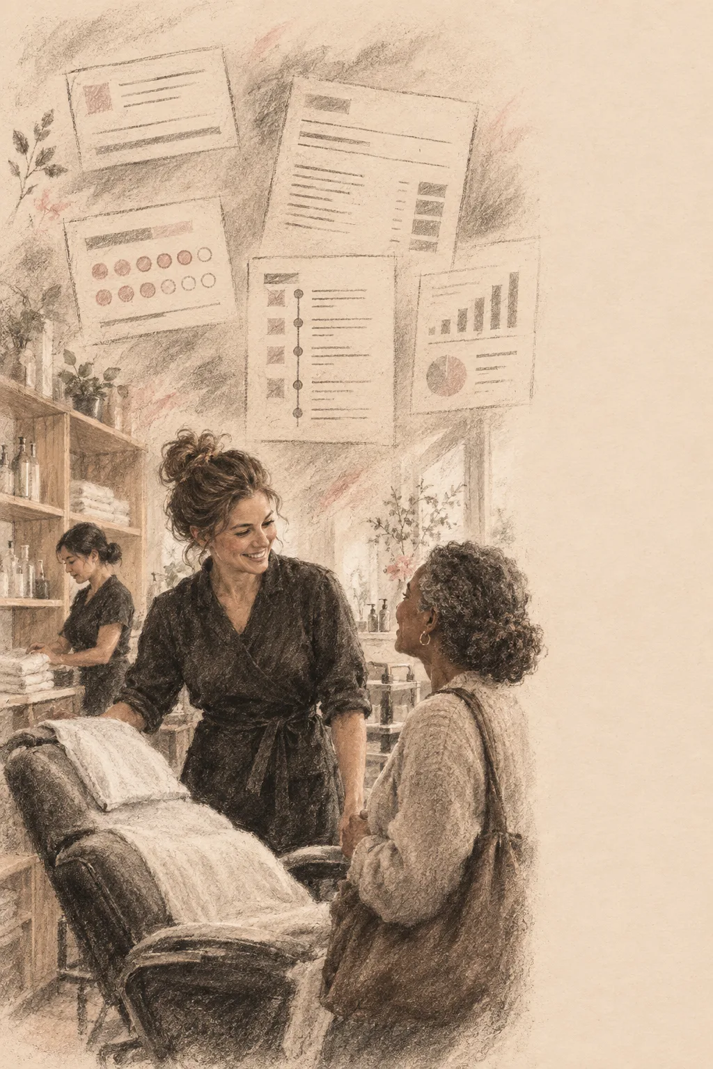 A salon team member greets a regular client, with client history, packages, and invoices in the background