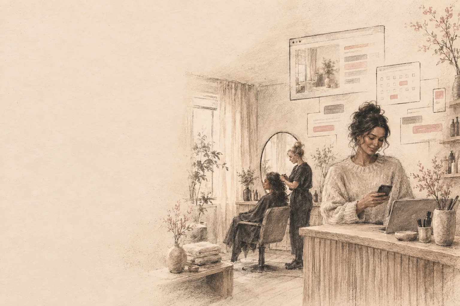 A salon owner checks bookings on her phone while a stylist works with a client