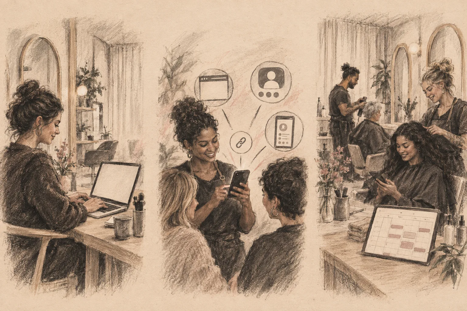 Three scenes: creating an account, sharing the booking link, and taking bookings