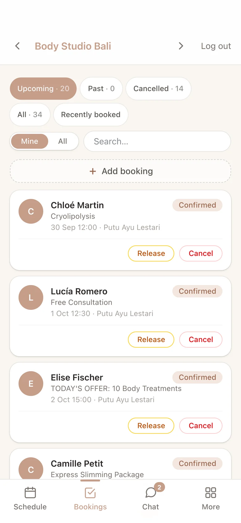 Staff app: upcoming bookings with the client, service and time