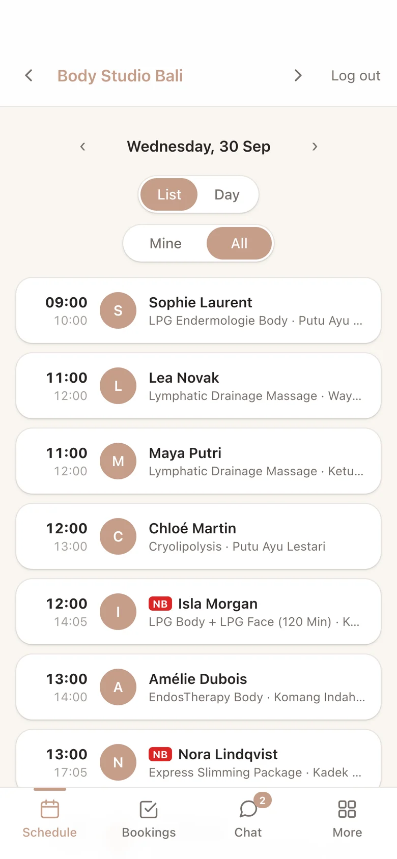 Staff app: the day’s schedule with times, clients, services and staff