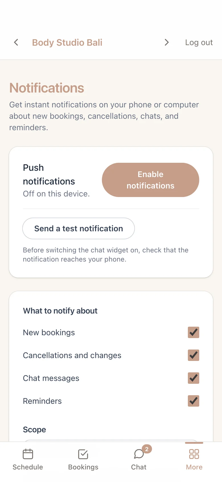 Staff app: push notifications for new bookings, cancellations, chats and reminders