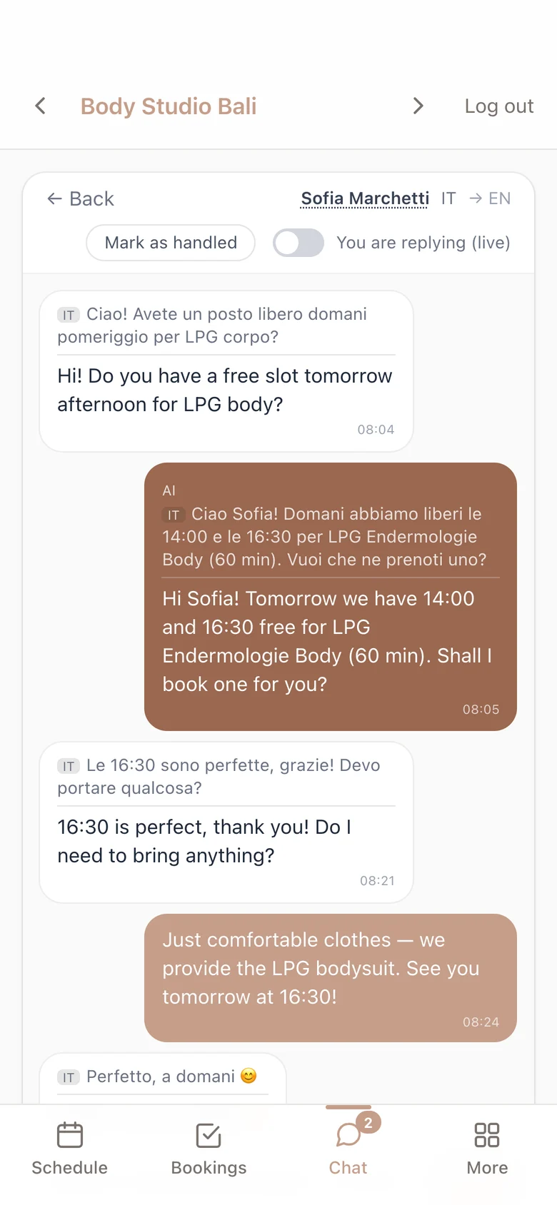 Staff app: a client chat where every message is translated automatically